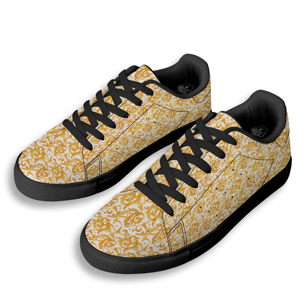 Watercolor Golden Baroque Print Pattern Black Low Top Sneakers-grizzshop