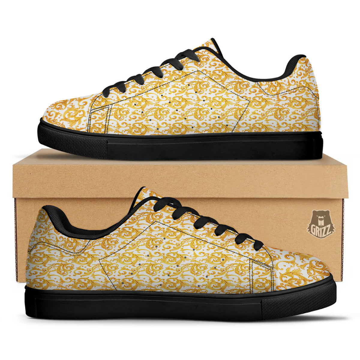 Watercolor Golden Baroque Print Pattern Black Low Top Sneakers-grizzshop