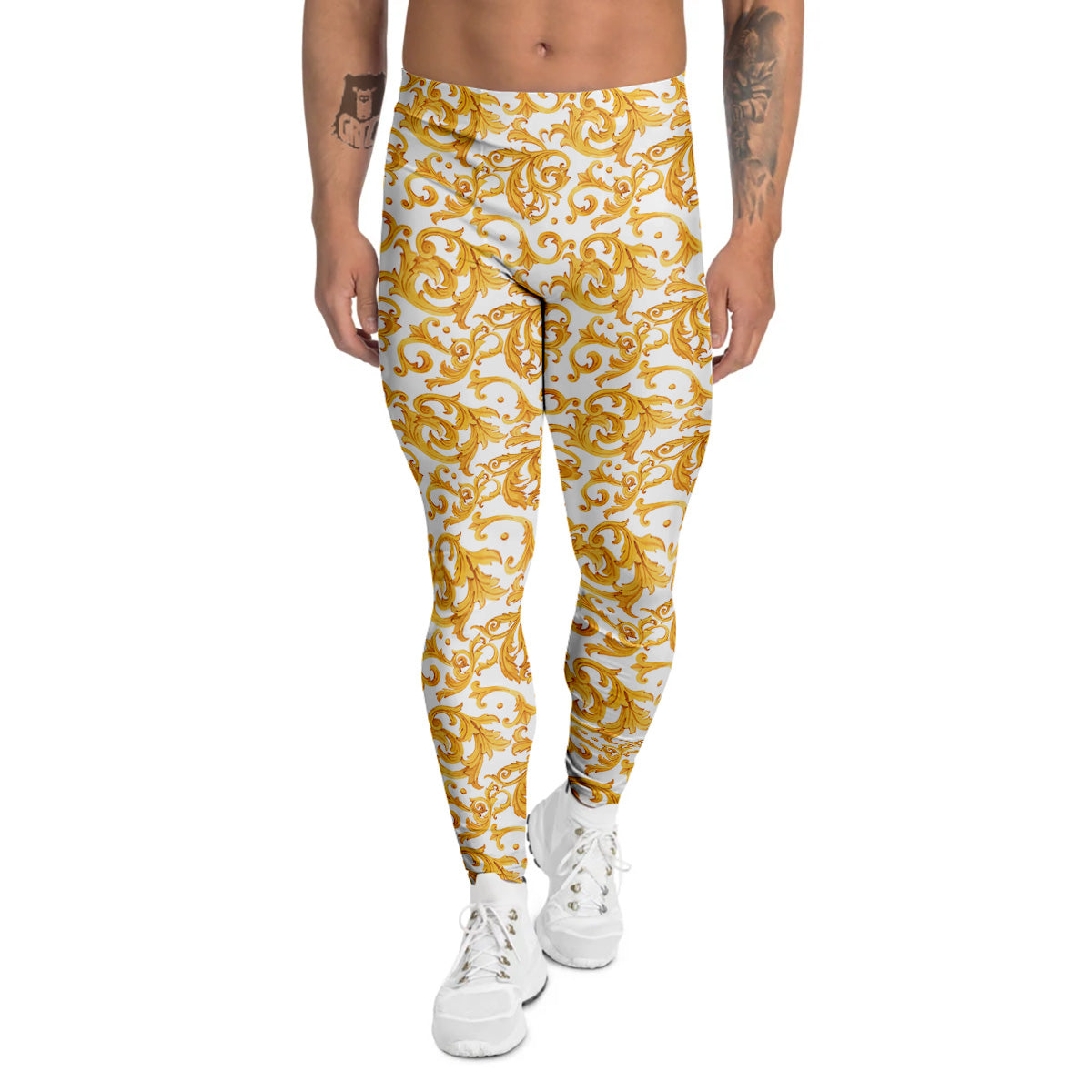 Watercolor Golden Baroque Print Pattern Men's Leggings-grizzshop