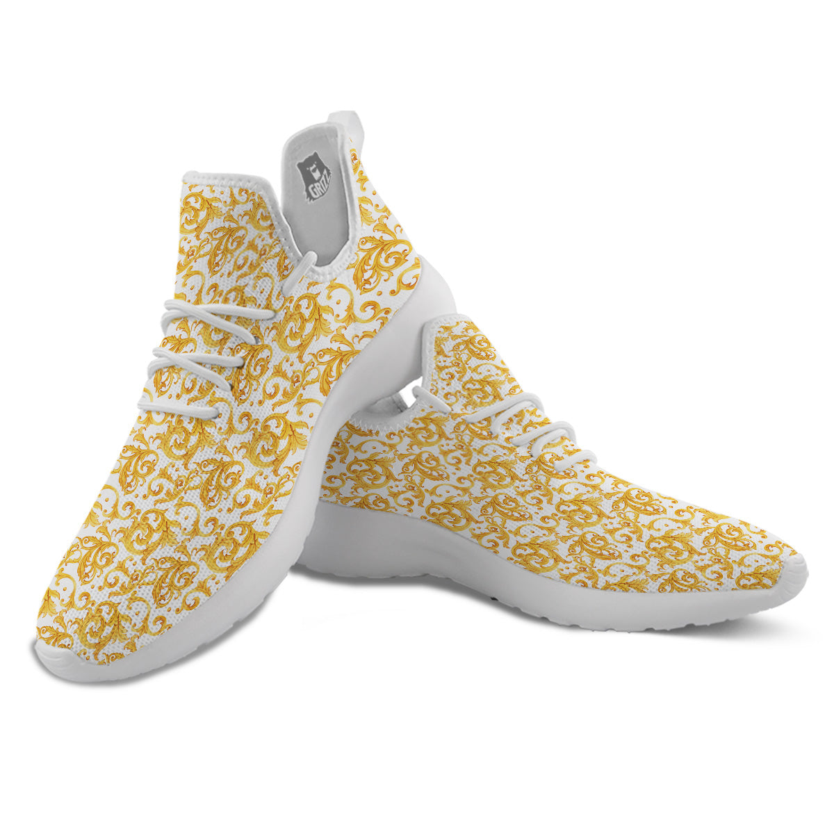 Watercolor Golden Baroque Print Pattern White Athletic Shoes-grizzshop