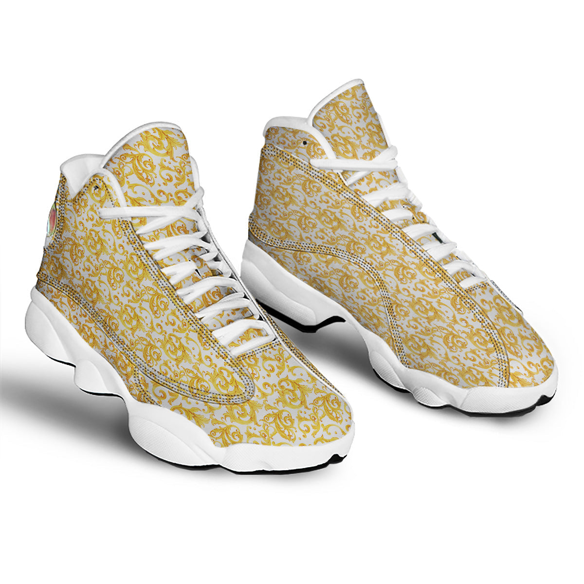 Watercolor Golden Baroque Print Pattern White Basketball Shoes-grizzshop