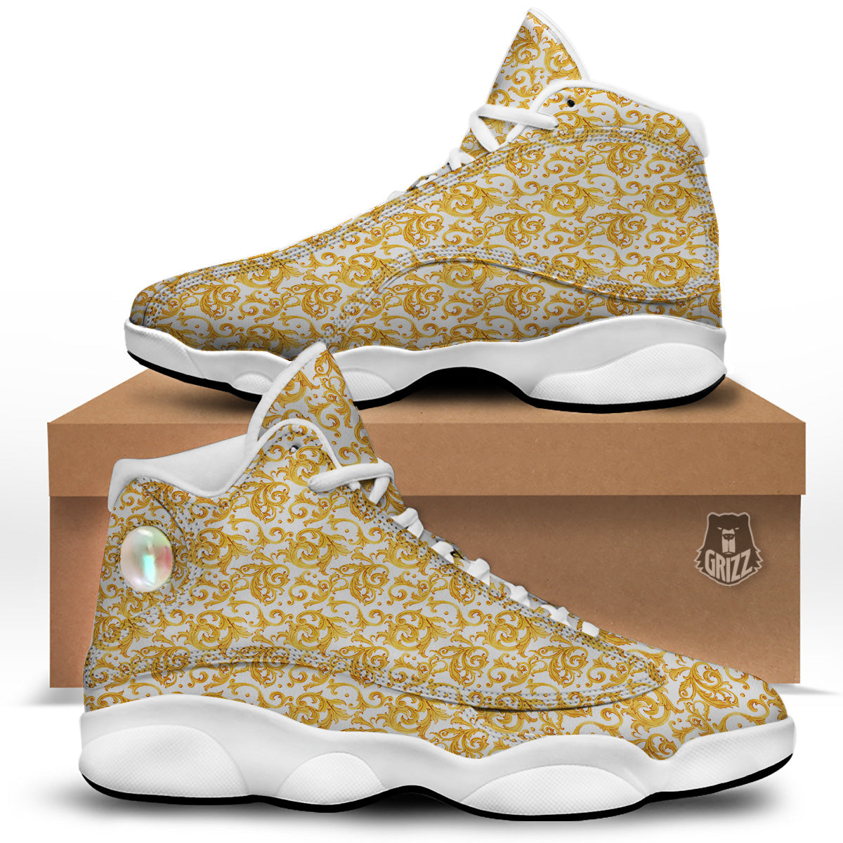 Watercolor Golden Baroque Print Pattern White Basketball Shoes-grizzshop