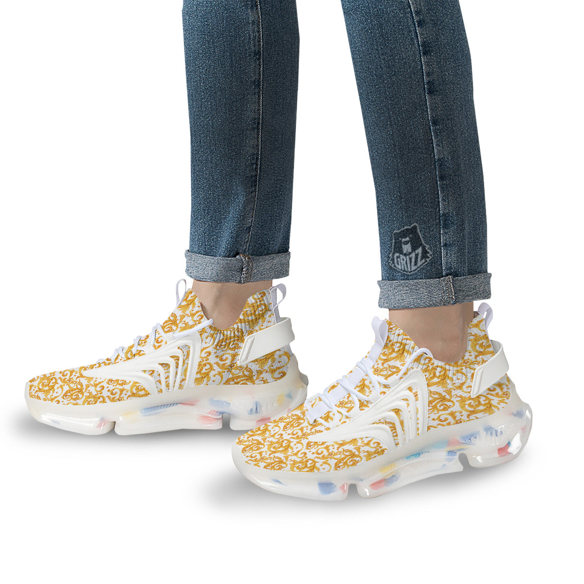 Watercolor Golden Baroque Print Pattern White Gym Shoes-grizzshop