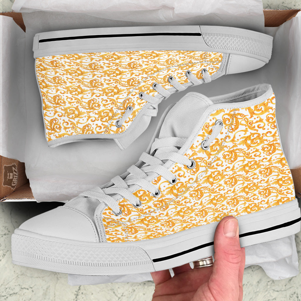 Watercolor Golden Baroque Print Pattern White High Top Shoes-grizzshop