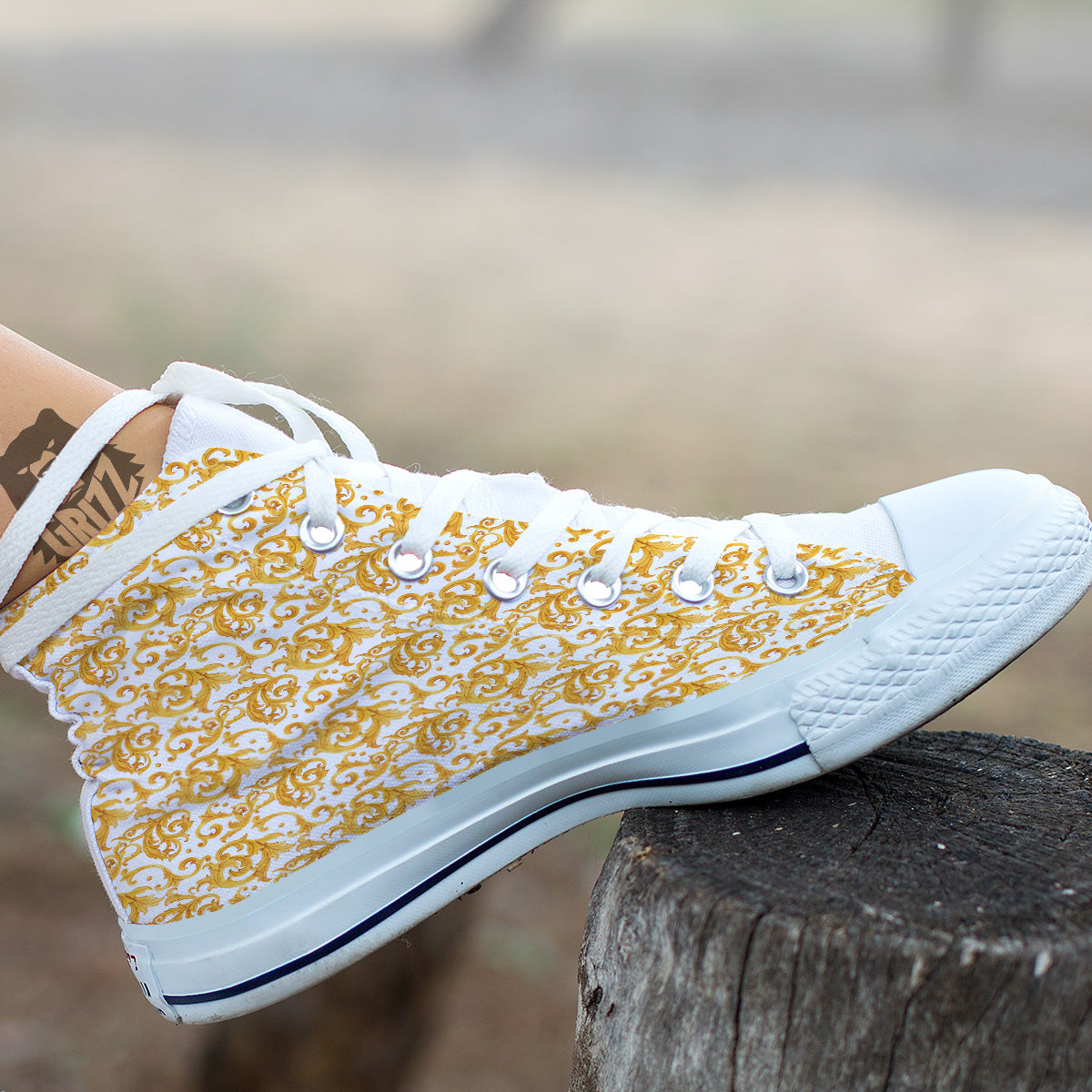 Watercolor Golden Baroque Print Pattern White High Top Shoes-grizzshop