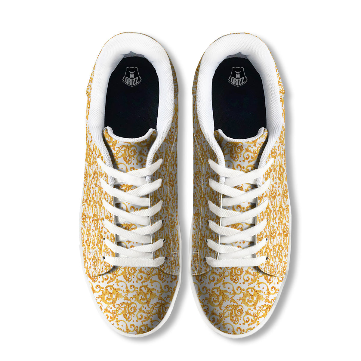 Watercolor Golden Baroque Print Pattern White Low Top Sneakers-grizzshop