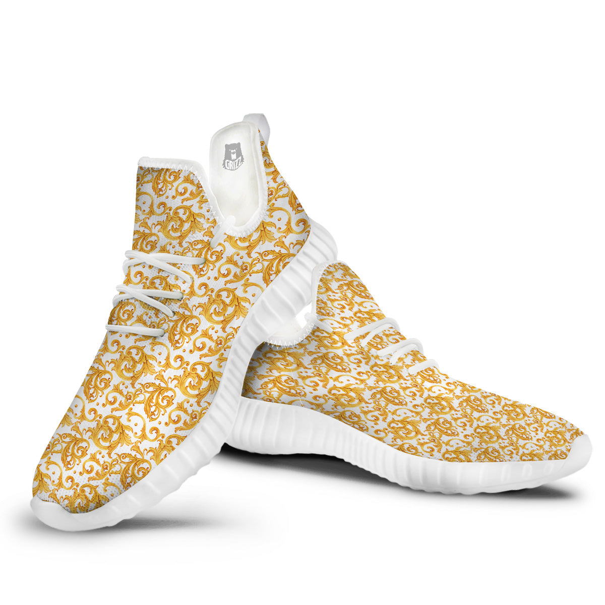 Watercolor Golden Baroque Print Pattern White Walking Shoes-grizzshop
