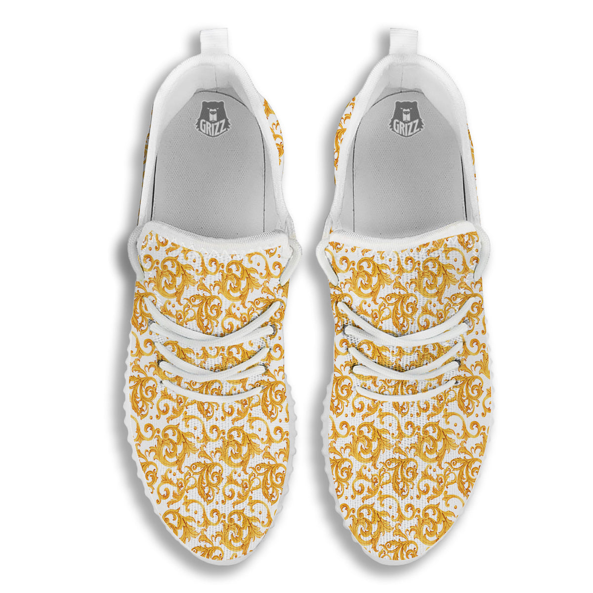 Watercolor Golden Baroque Print Pattern White Walking Shoes-grizzshop
