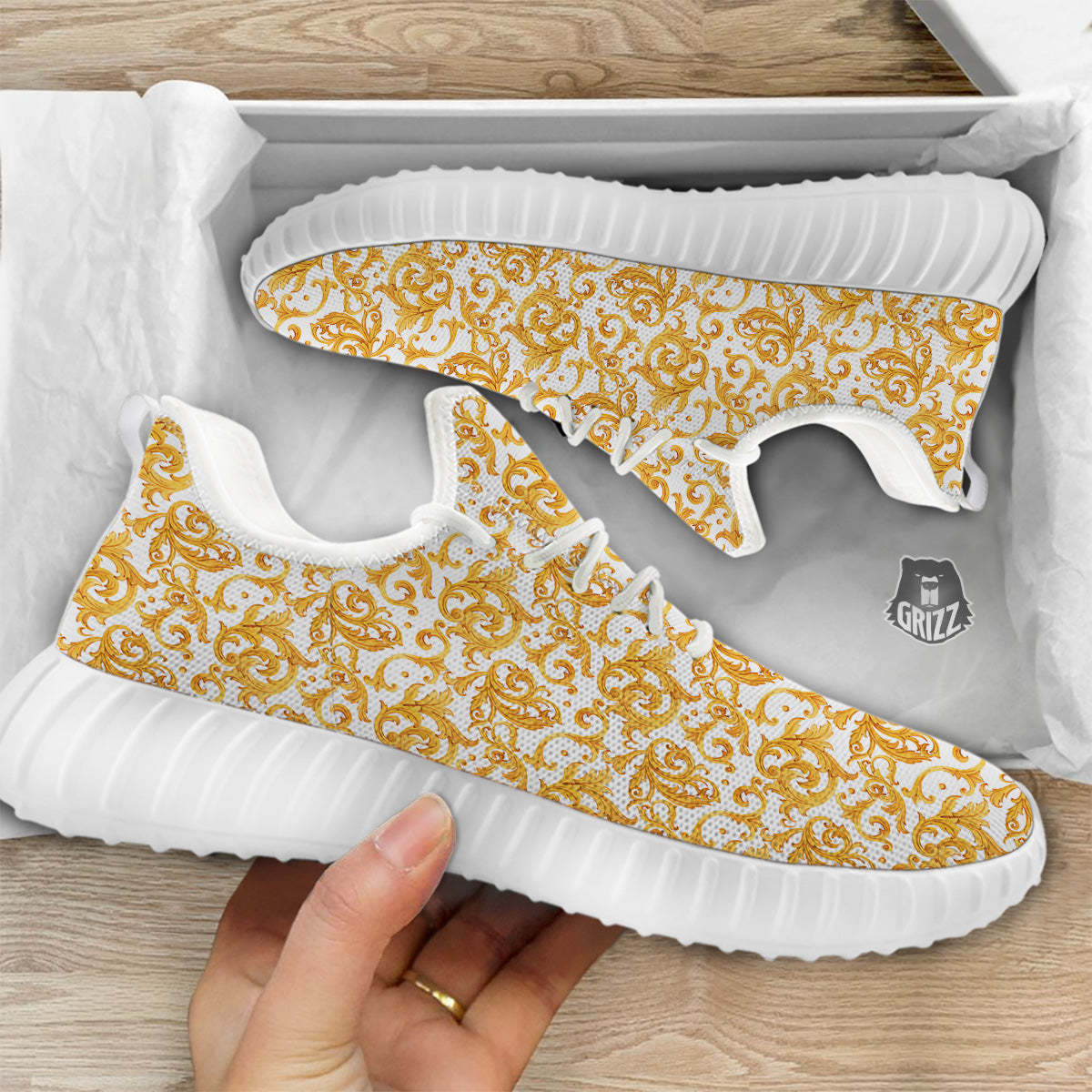 Watercolor Golden Baroque Print Pattern White Walking Shoes-grizzshop