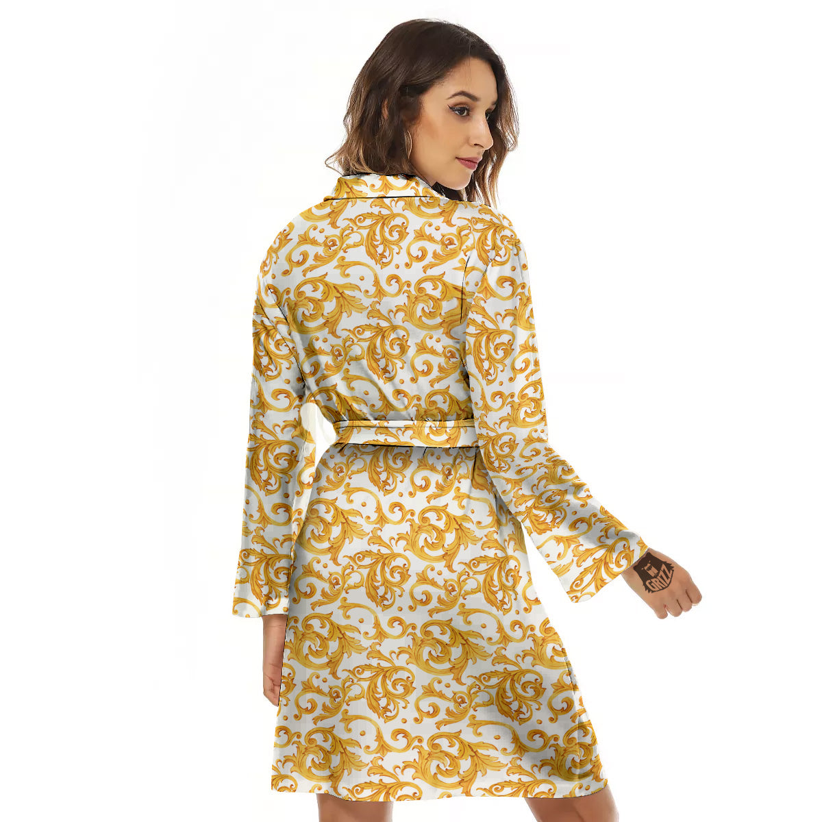 Watercolor Golden Baroque Print Pattern Women's Robe-grizzshop