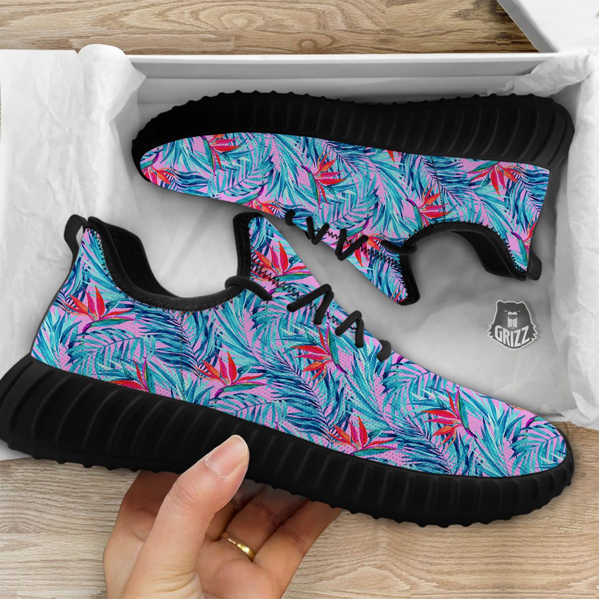 Watercolor Hawaiian Pink And Blue Print Black Walking Shoes-grizzshop