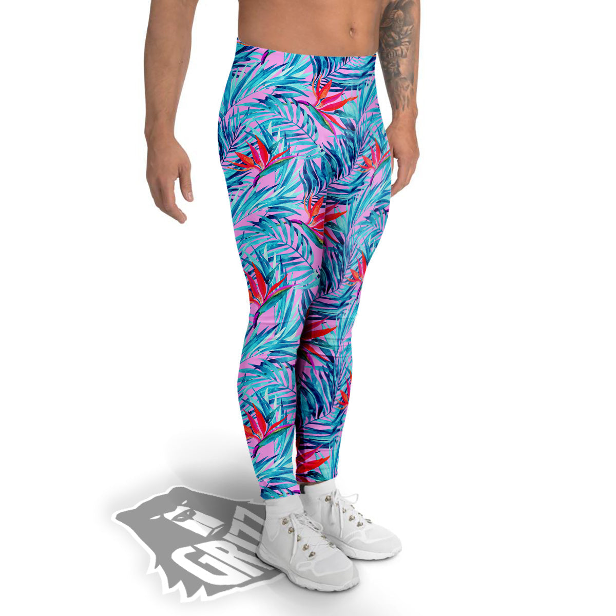 Watercolor Hawaiian Pink And Blue Print Men's Leggings-grizzshop