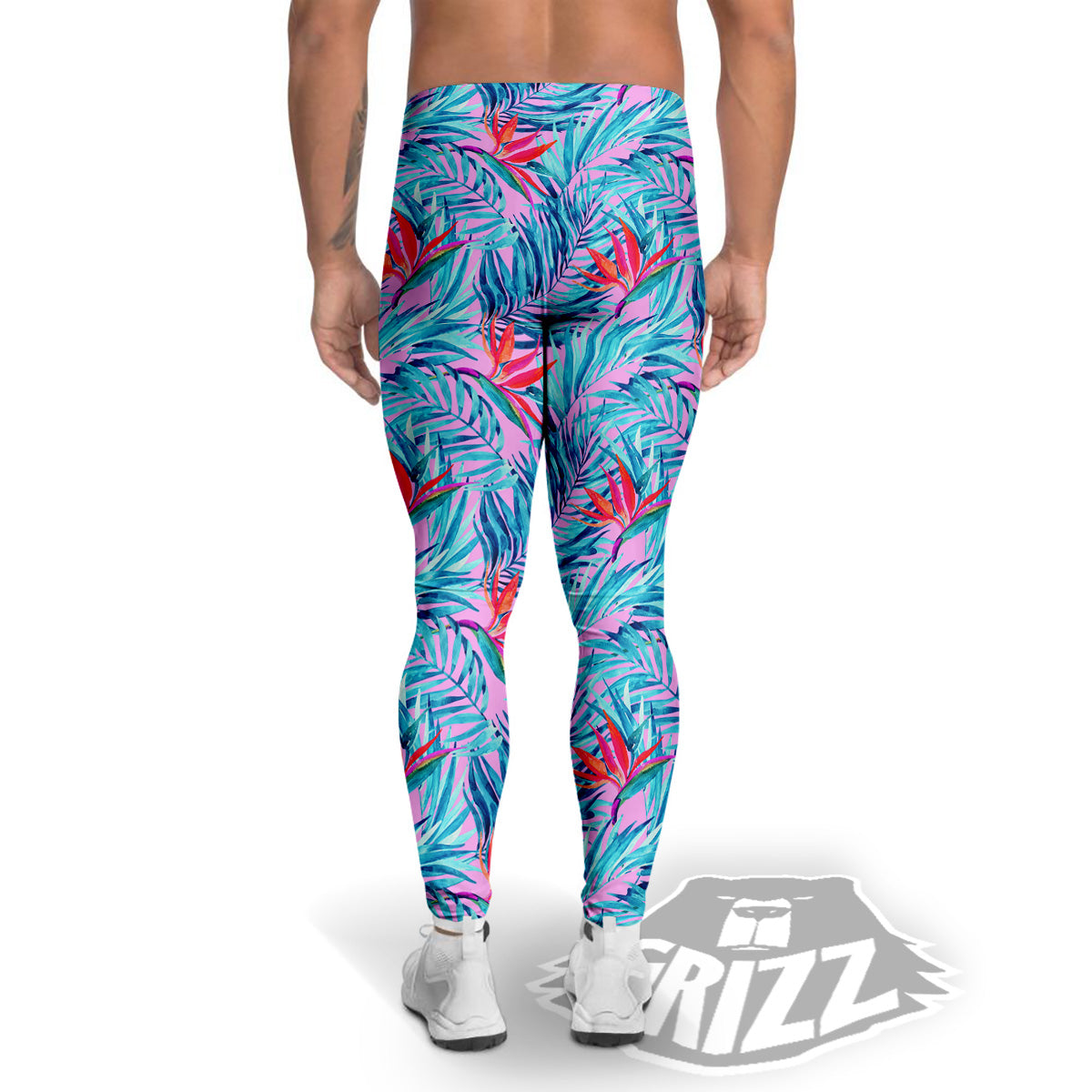 Watercolor Hawaiian Pink And Blue Print Men's Leggings-grizzshop