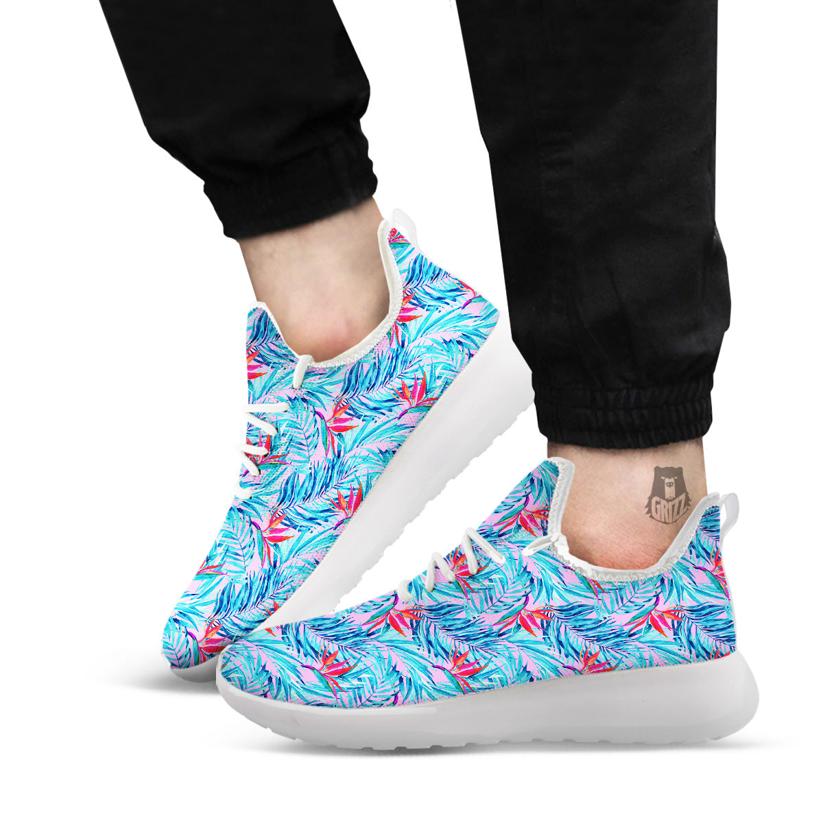 Watercolor Hawaiian Pink And Blue Print White Athletic Shoes-grizzshop