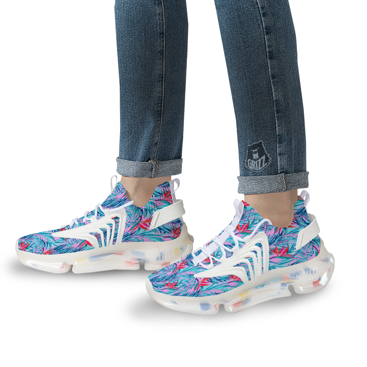 Watercolor Hawaiian Pink And Blue Print White Gym Shoes-grizzshop