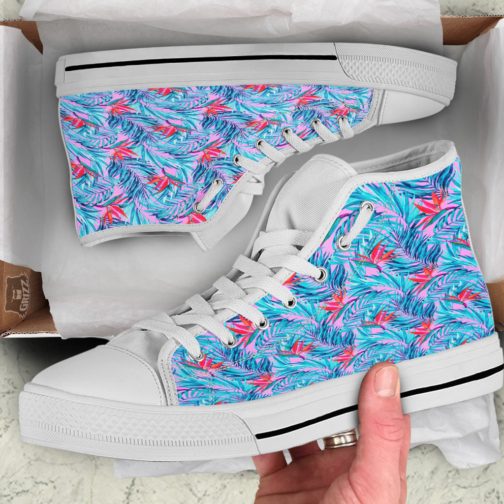 Watercolor Hawaiian Pink And Blue Print White High Top Shoes-grizzshop