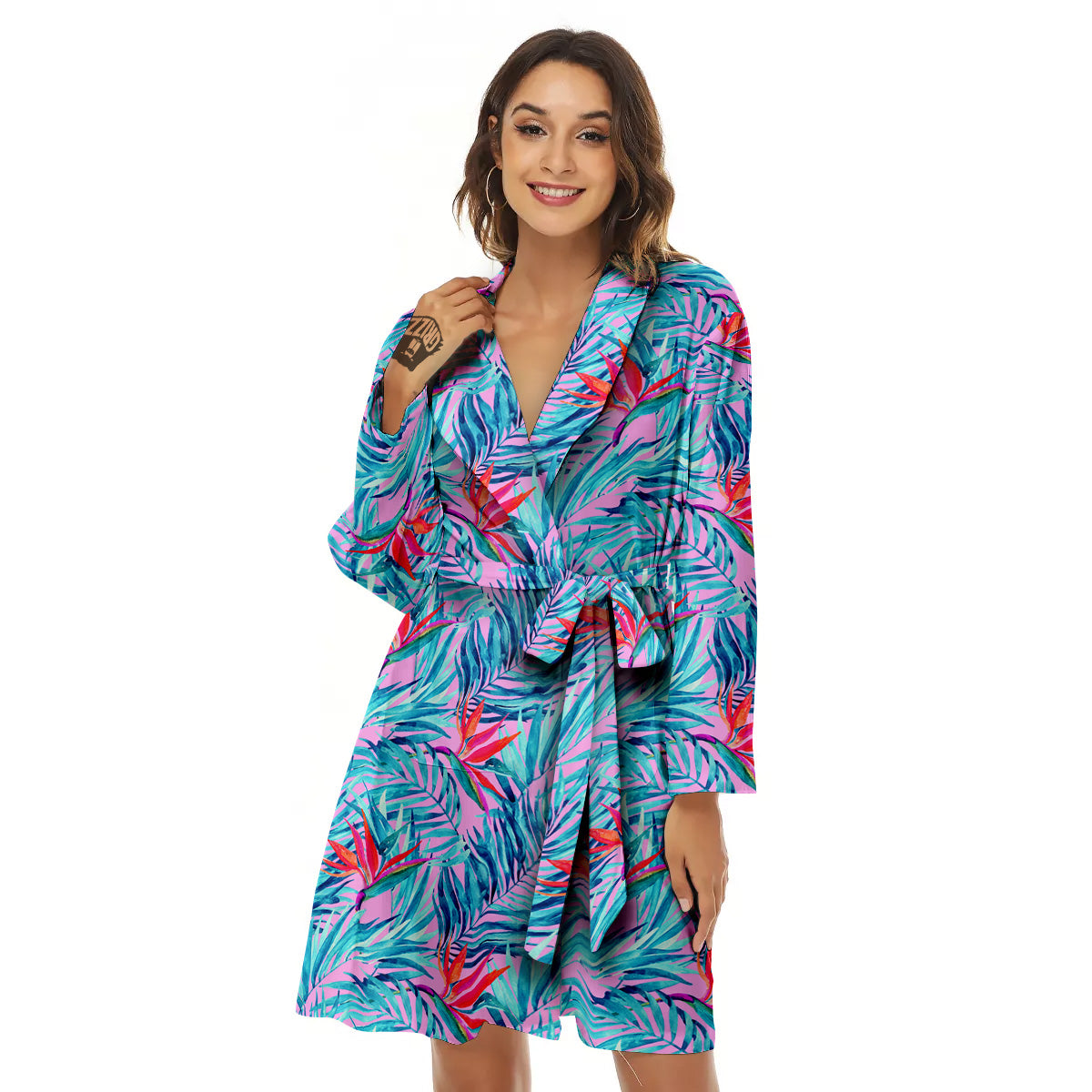 Watercolor Hawaiian Pink And Blue Print Women's Robe-grizzshop