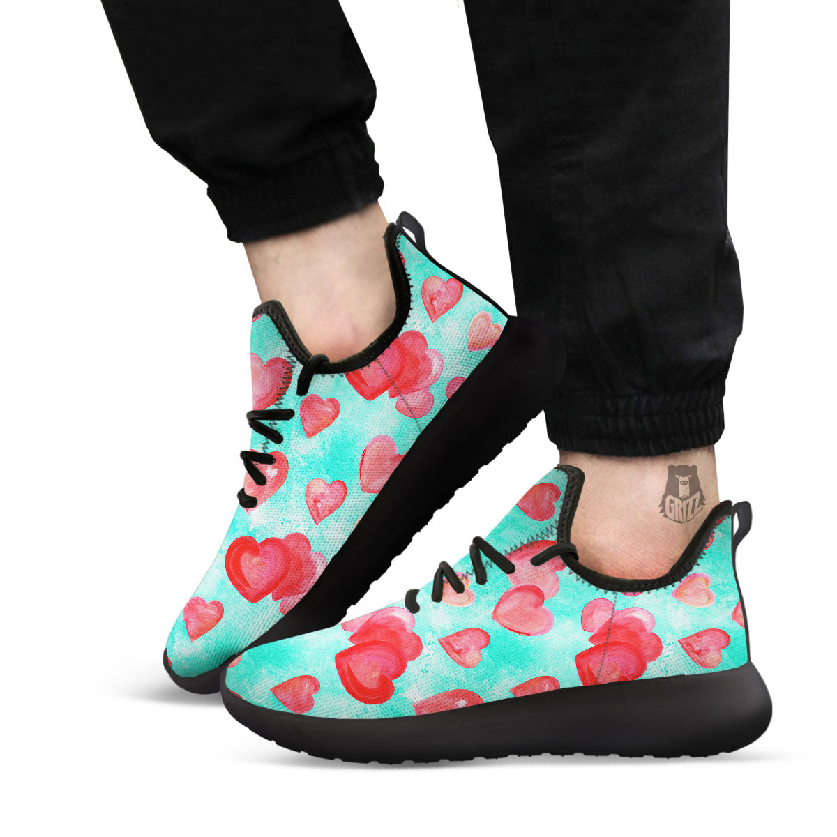 Watercolor Heart Teal And Pink Print Black Athletic Shoes-grizzshop