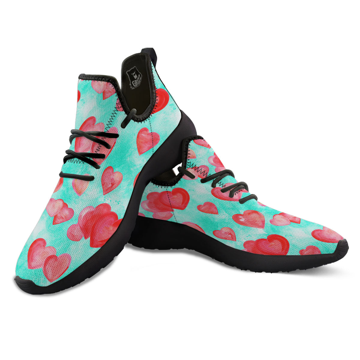 Watercolor Heart Teal And Pink Print Black Athletic Shoes-grizzshop