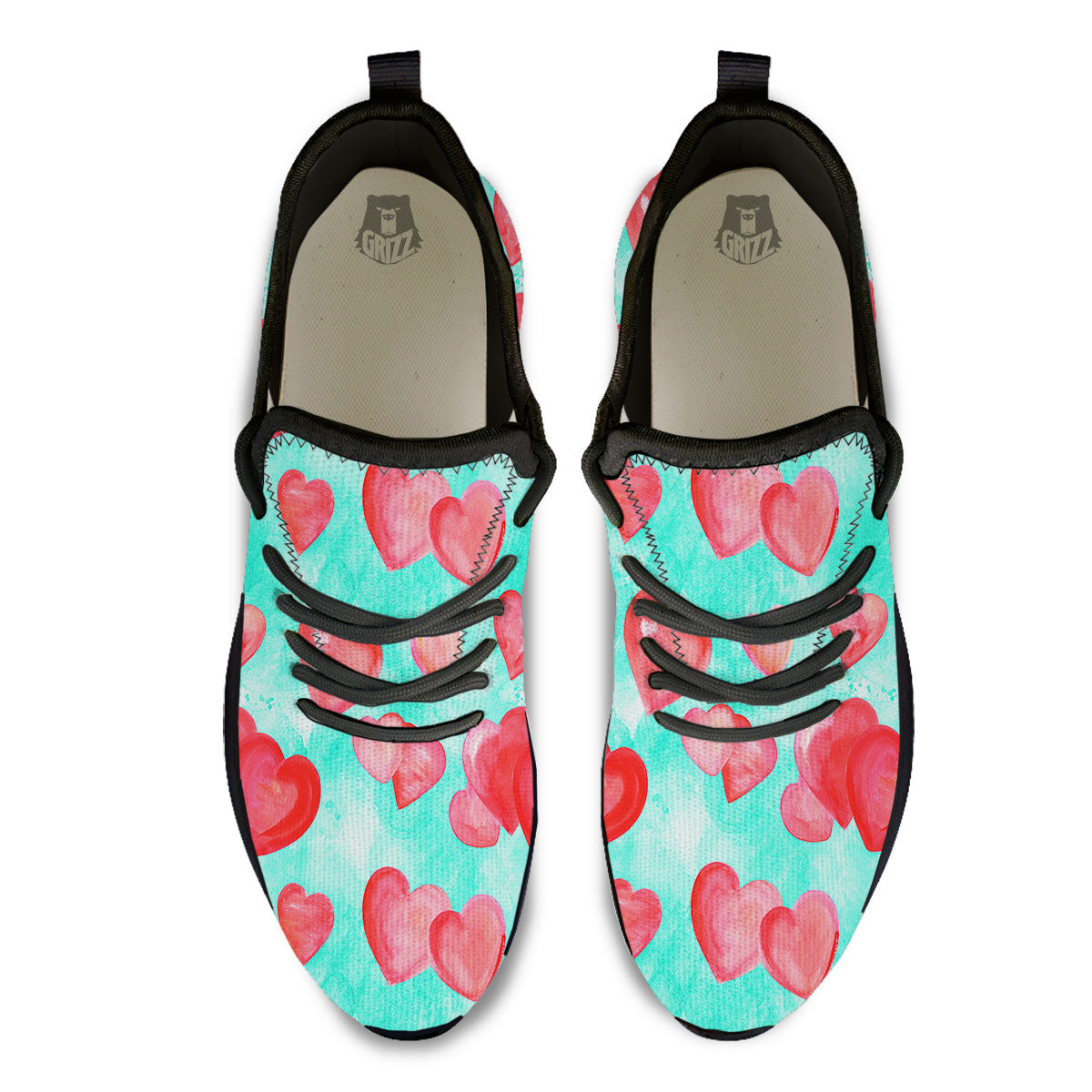 Watercolor Heart Teal And Pink Print Black Athletic Shoes-grizzshop