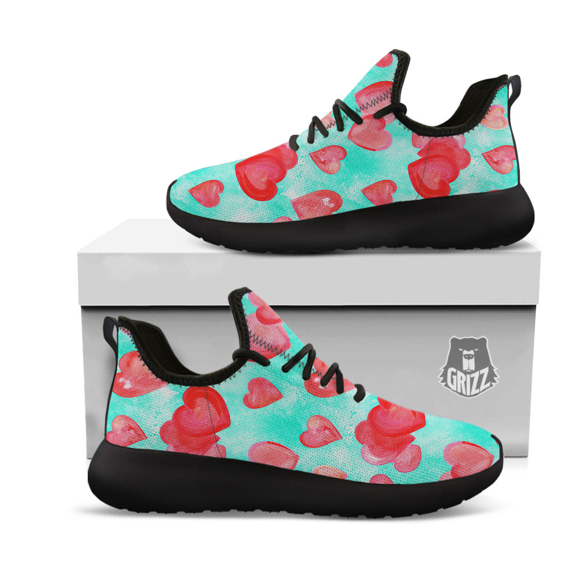 Watercolor Heart Teal And Pink Print Black Athletic Shoes-grizzshop