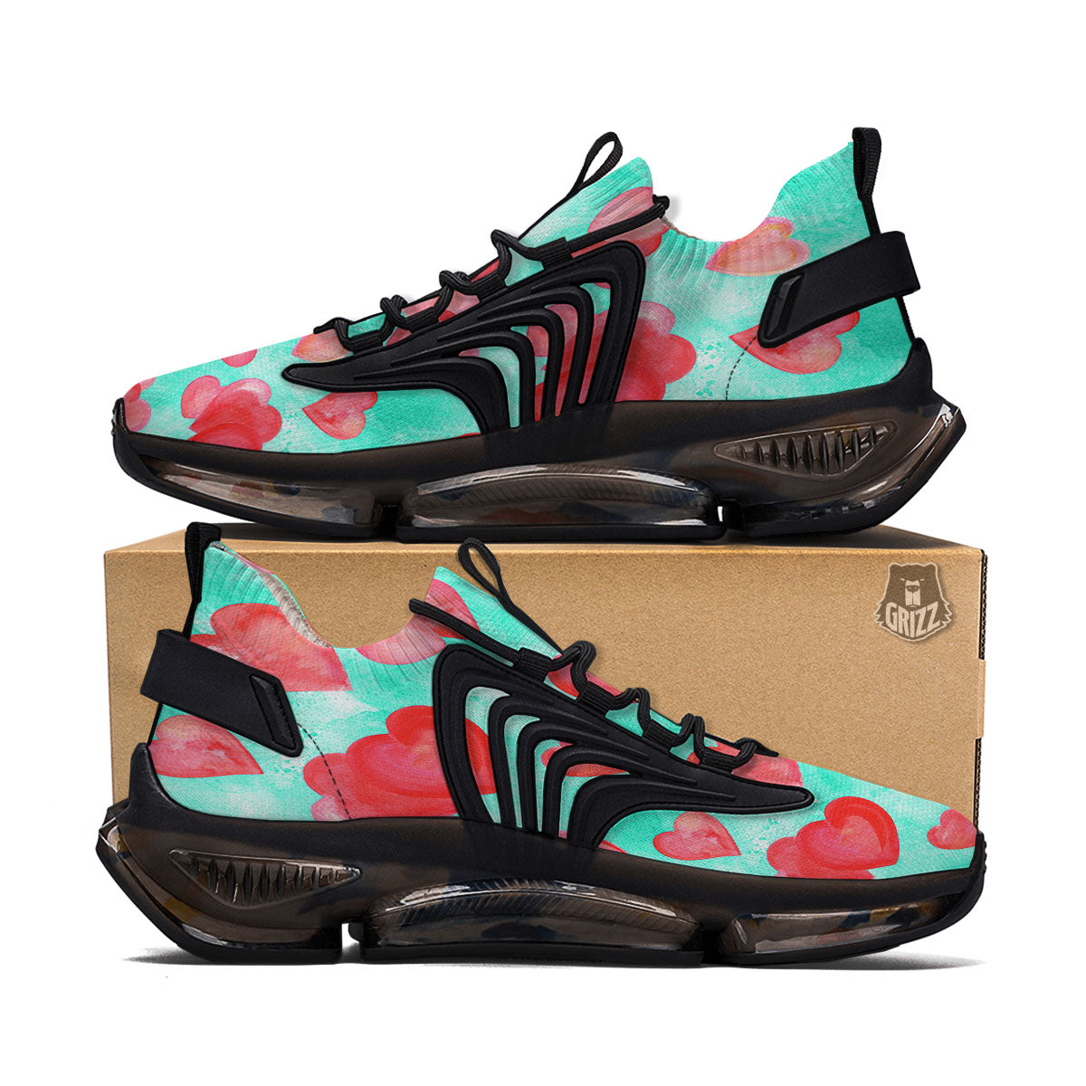 Watercolor Heart Teal And Pink Print Black Gym Shoes-grizzshop