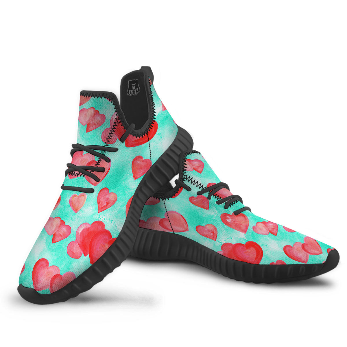 Watercolor Heart Teal And Pink Print Black Walking Shoes-grizzshop