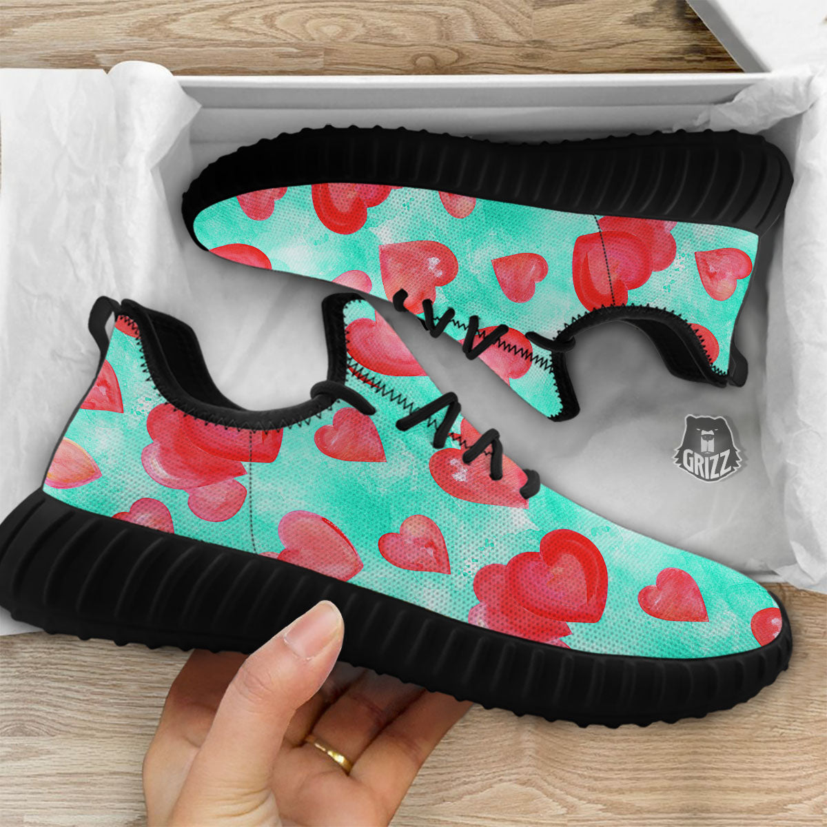 Watercolor Heart Teal And Pink Print Black Walking Shoes-grizzshop