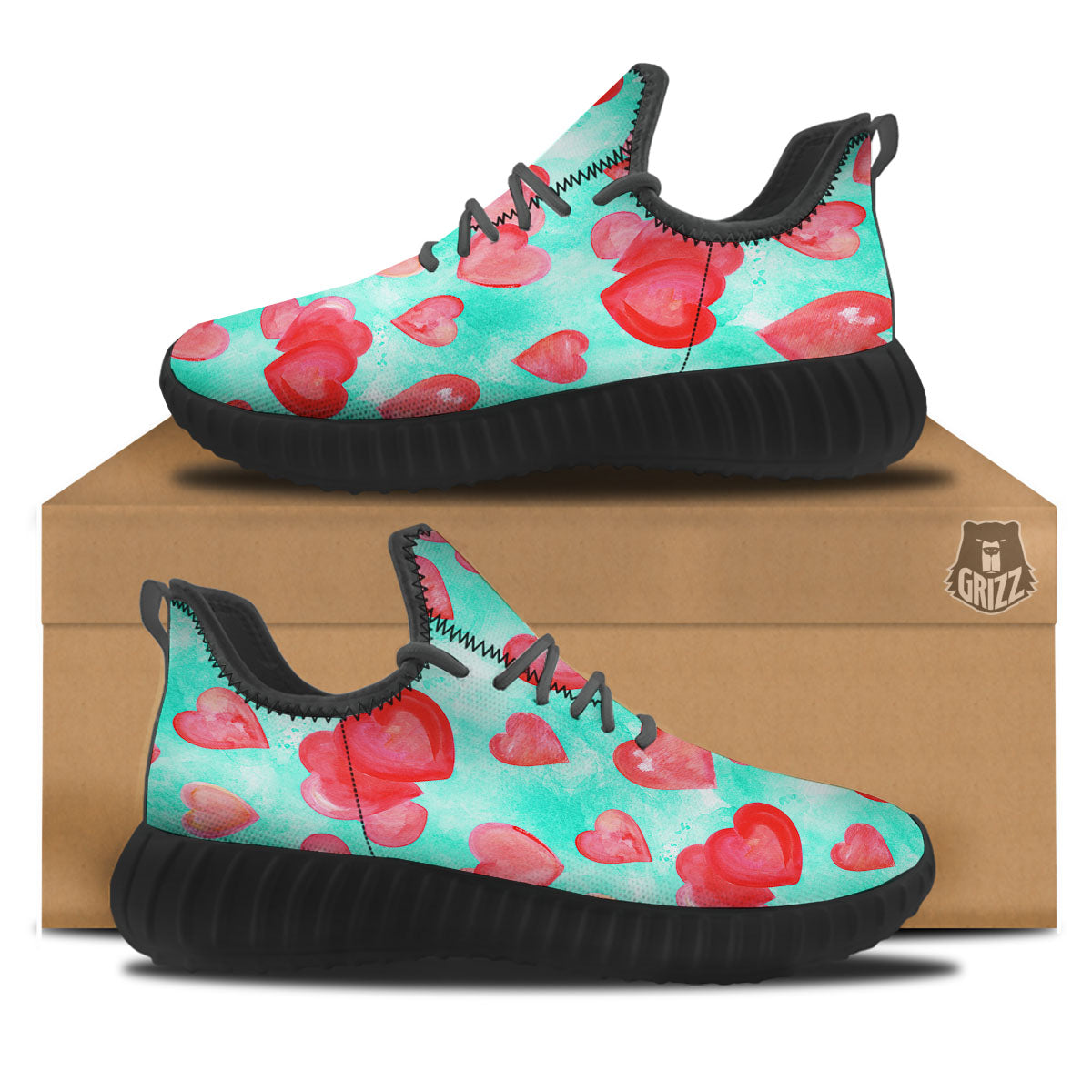 Watercolor Heart Teal And Pink Print Black Walking Shoes-grizzshop