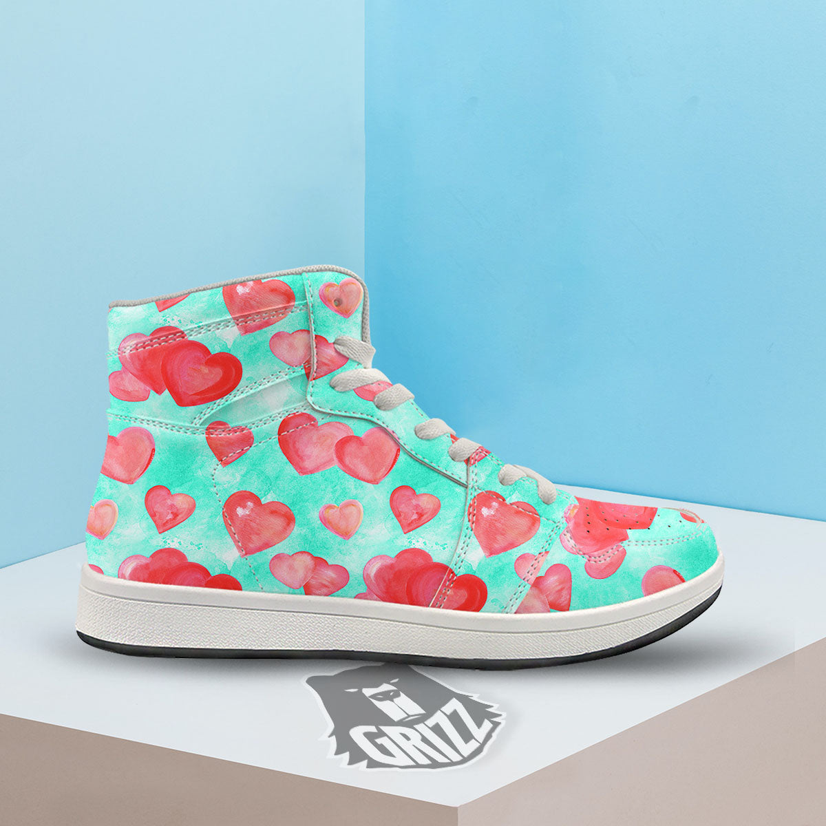 Watercolor Heart Teal And Pink Print High Top Sneakers-grizzshop