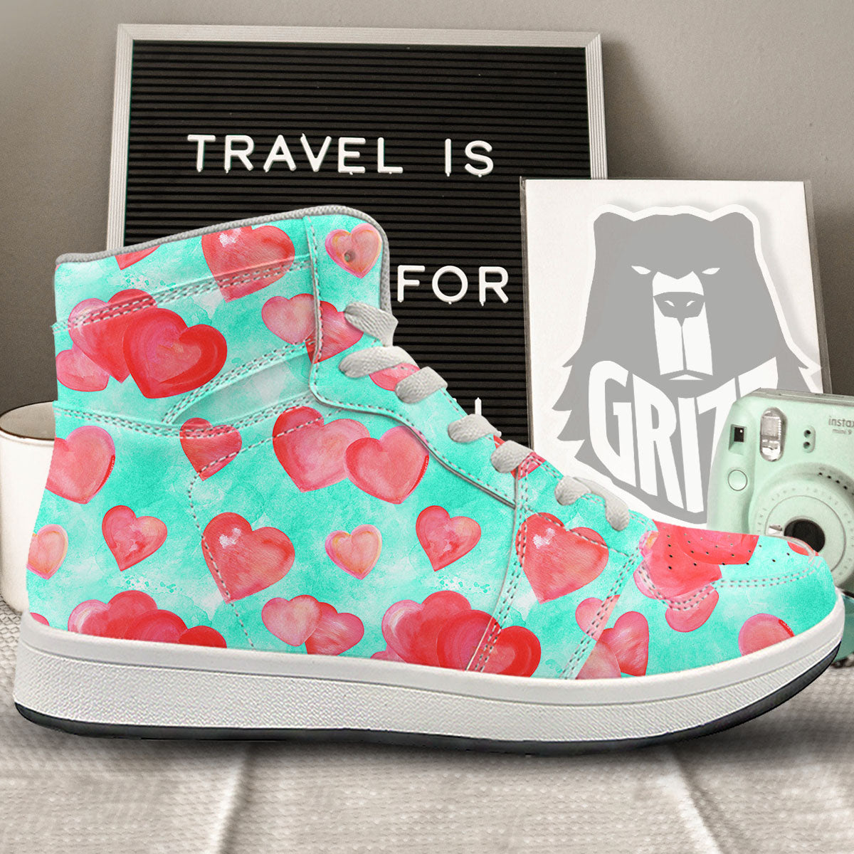 Watercolor Heart Teal And Pink Print High Top Sneakers-grizzshop