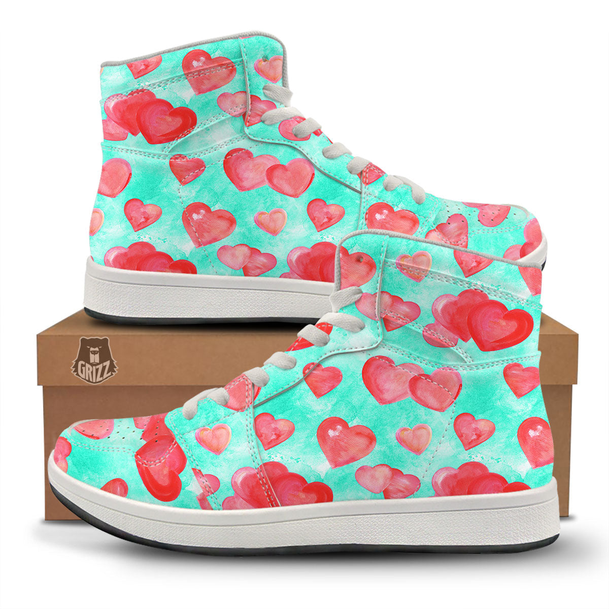 Watercolor Heart Teal And Pink Print High Top Sneakers-grizzshop