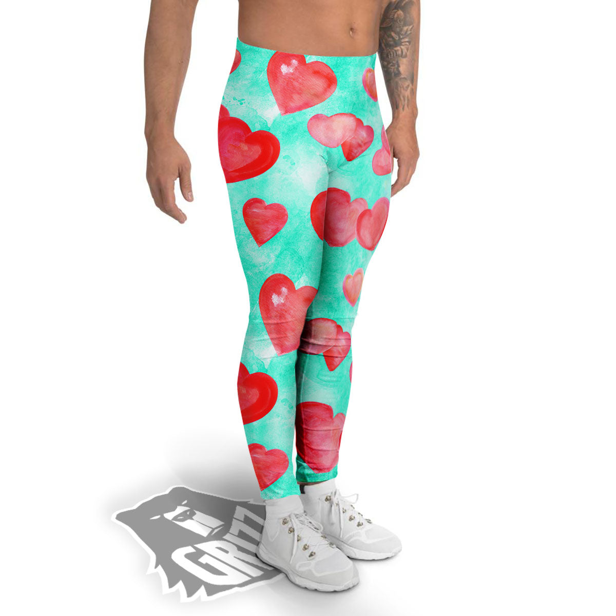 Watercolor Heart Teal And Pink Print Men's Leggings-grizzshop