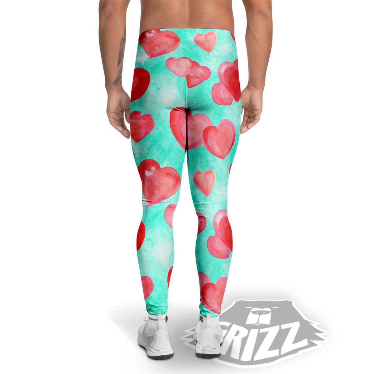 Watercolor Heart Teal And Pink Print Men's Leggings-grizzshop