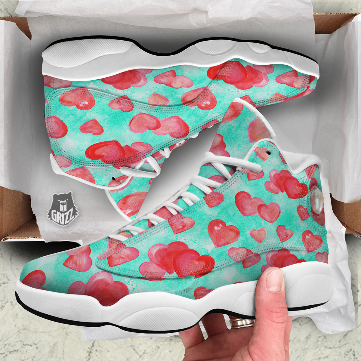 Watercolor Heart Teal And Pink Print White Basketball Shoes-grizzshop