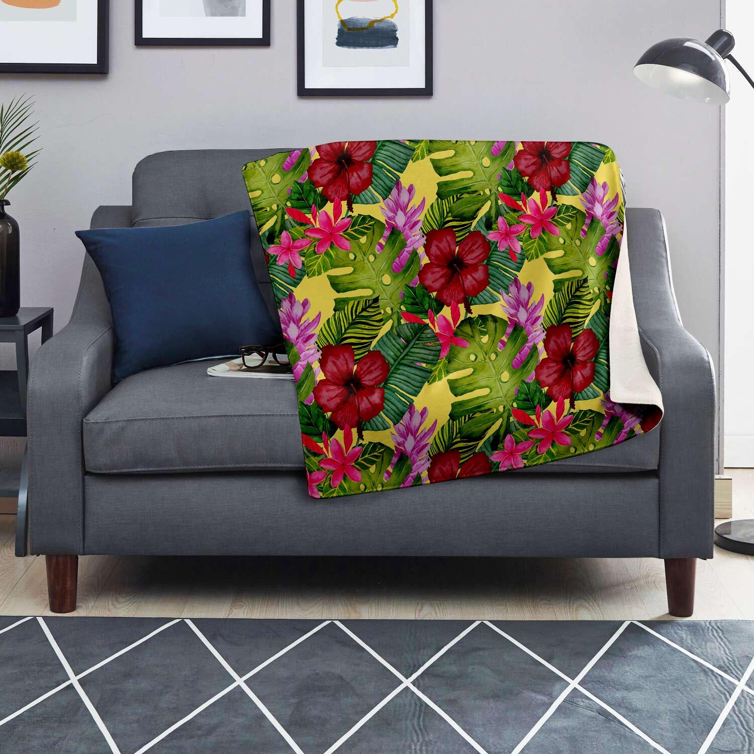 Watercolor Hibiscus Floral Hawaiian Print Blanket-grizzshop