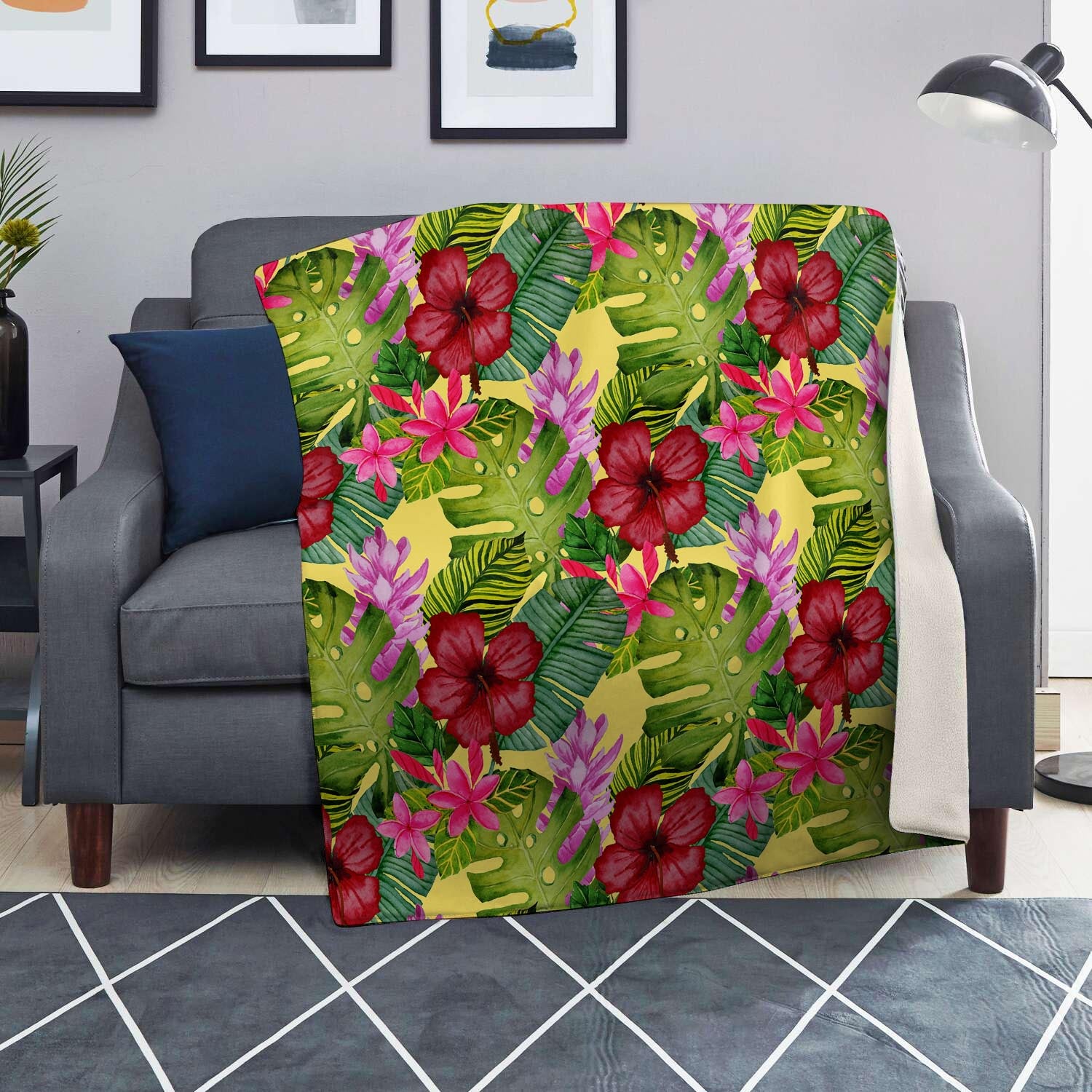 Watercolor Hibiscus Floral Hawaiian Print Blanket-grizzshop