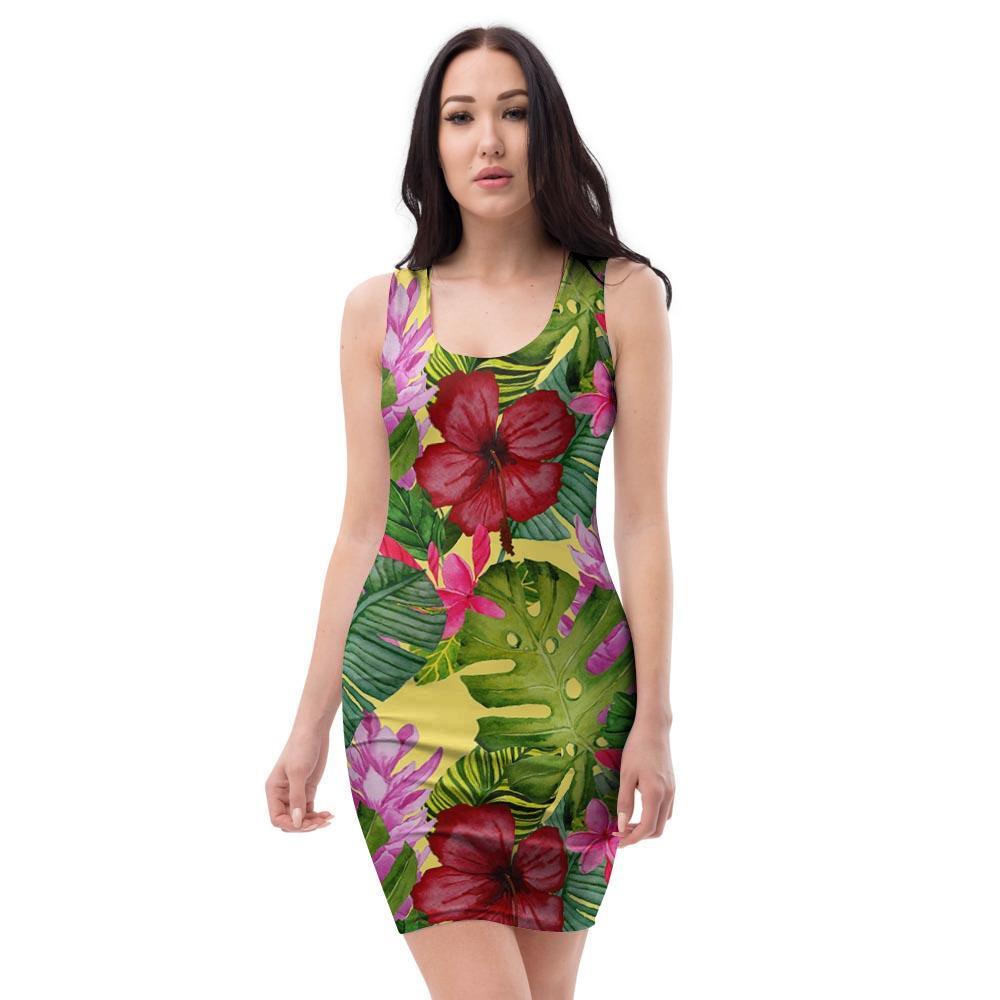 Watercolor Hibiscus Floral Hawaiian Print Bodycon Dress-grizzshop