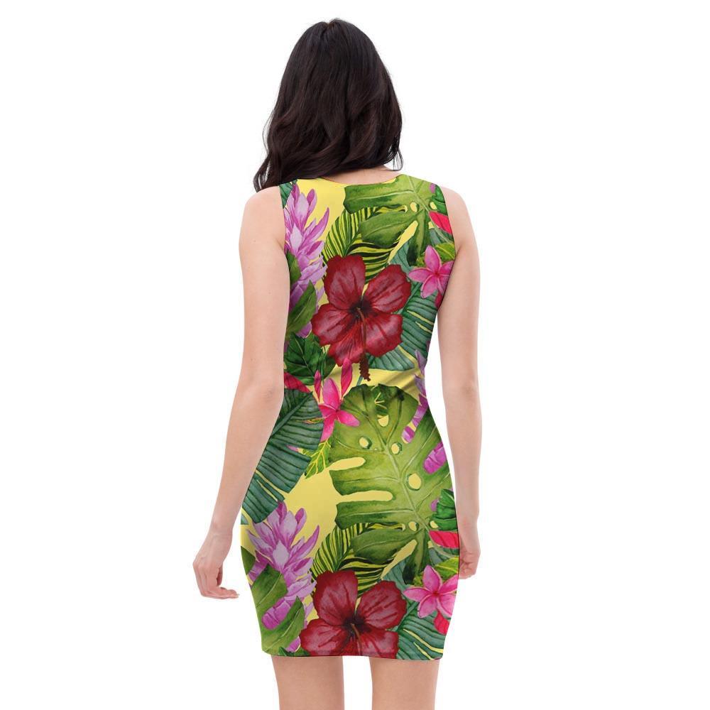 Watercolor Hibiscus Floral Hawaiian Print Bodycon Dress-grizzshop