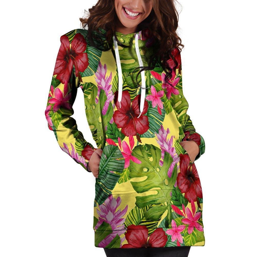 Watercolor Hibiscus Floral Hawaiian Print Hoodie Dress-grizzshop