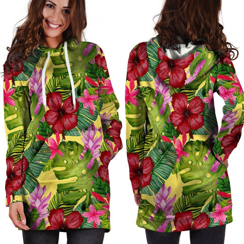 Watercolor Hibiscus Floral Hawaiian Print Hoodie Dress-grizzshop