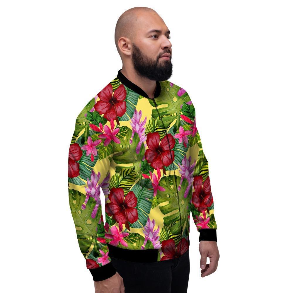 Watercolor Hibiscus Floral Hawaiian Print Men's Bomber Jacket-grizzshop