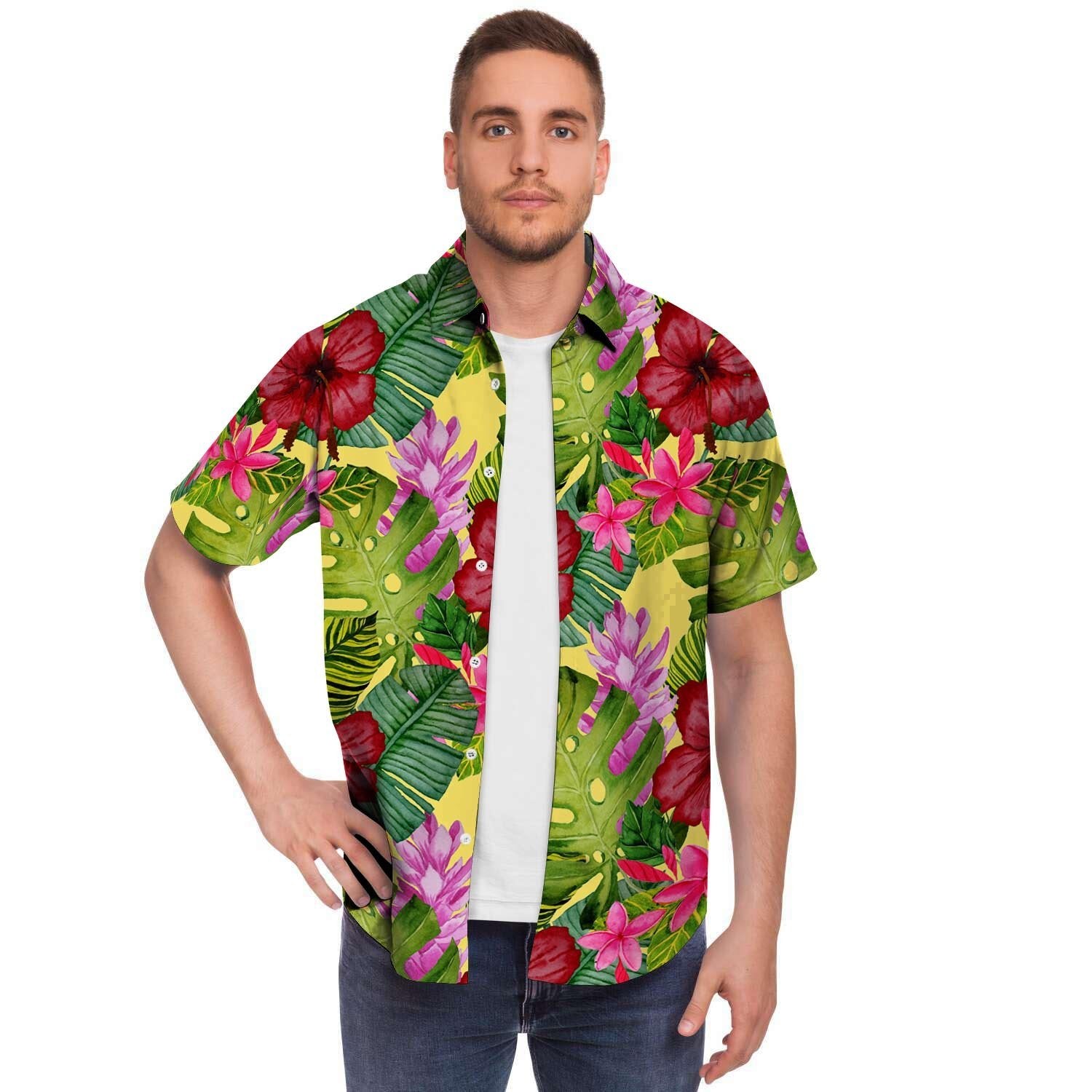 Watercolor Hibiscus Floral Hawaiian Print Men's Short Sleeve Shirt-grizzshop
