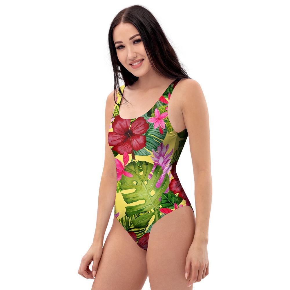 Watercolor Hibiscus Floral Hawaiian Print One Piece Swimsuite-grizzshop