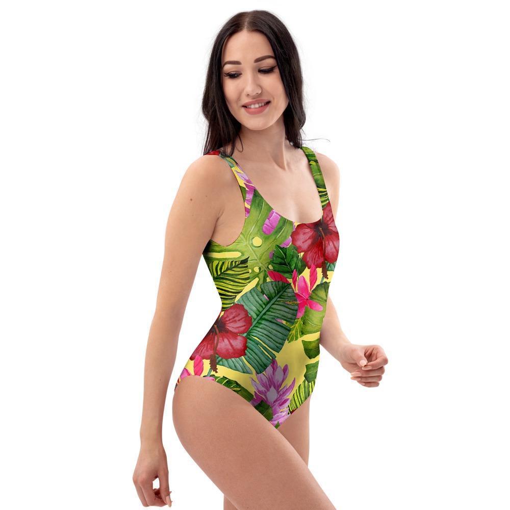 Watercolor Hibiscus Floral Hawaiian Print One Piece Swimsuite-grizzshop