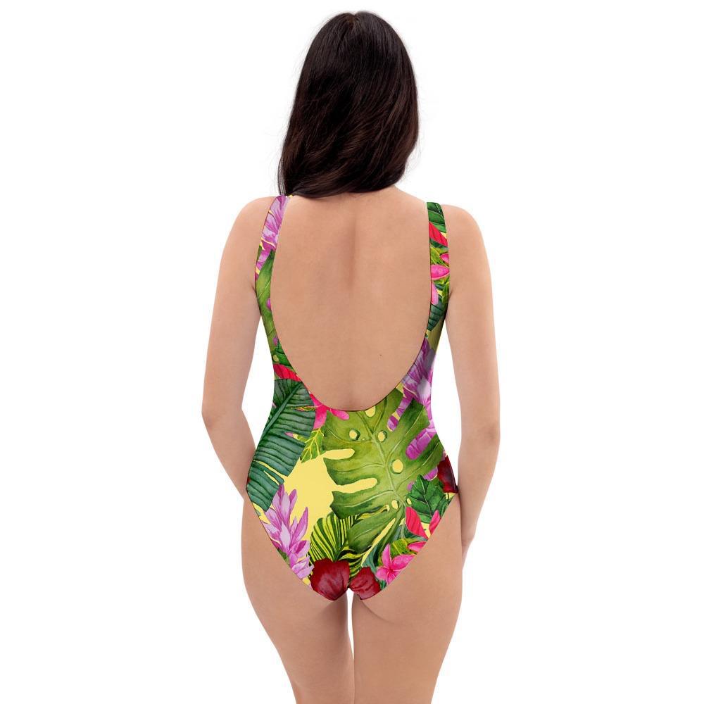 Watercolor Hibiscus Floral Hawaiian Print One Piece Swimsuite-grizzshop