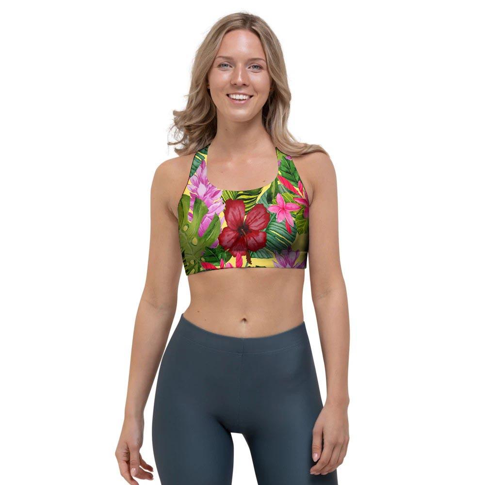 Watercolor Hibiscus Floral Hawaiian Print Sports Bra-grizzshop