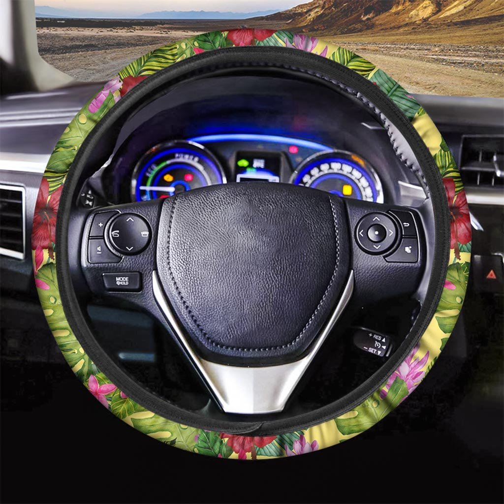 Watercolor Hibiscus Floral Hawaiian Print Steering Wheel Cover-grizzshop
