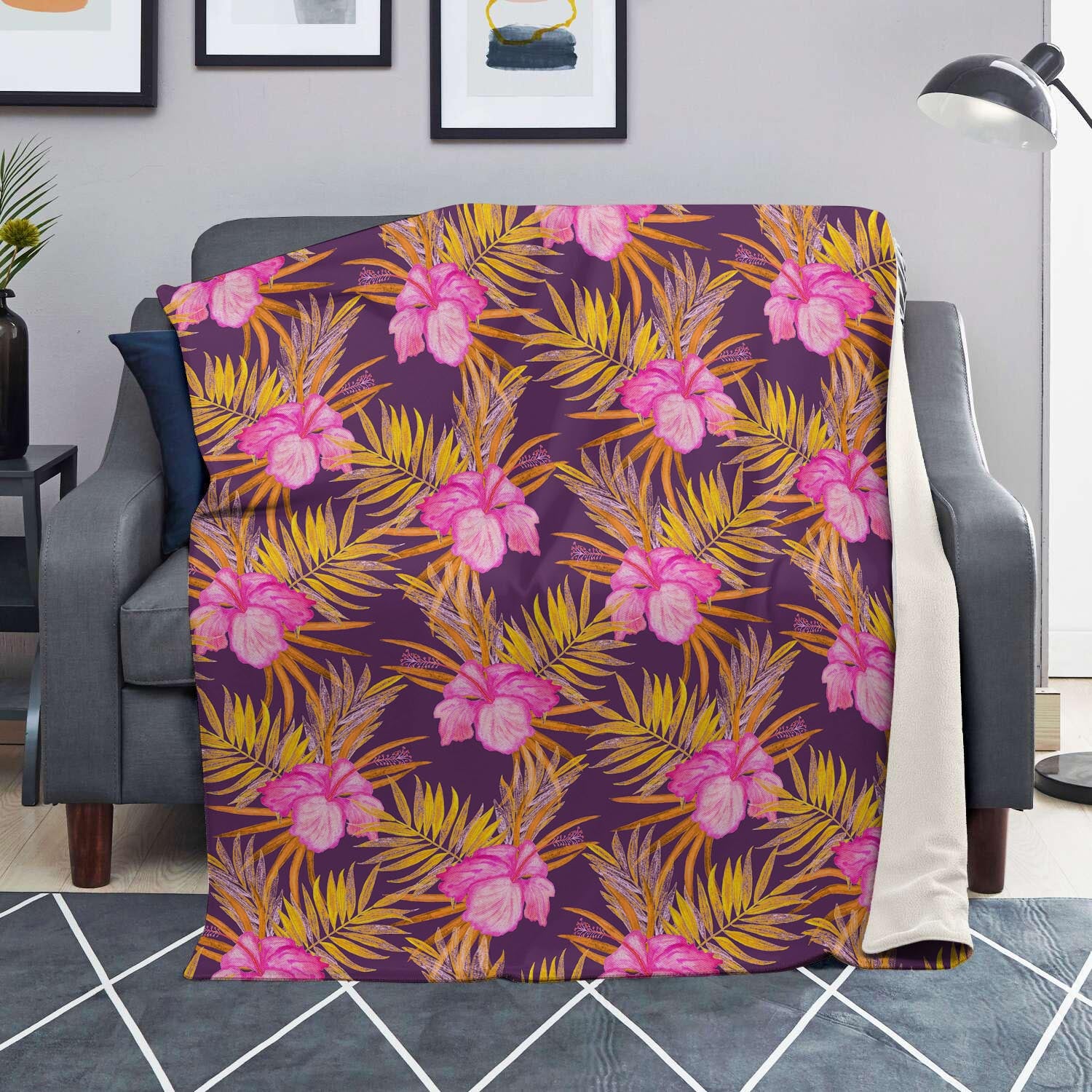 Watercolor Hibiscus Flower Hawaiian Print Blanket-grizzshop