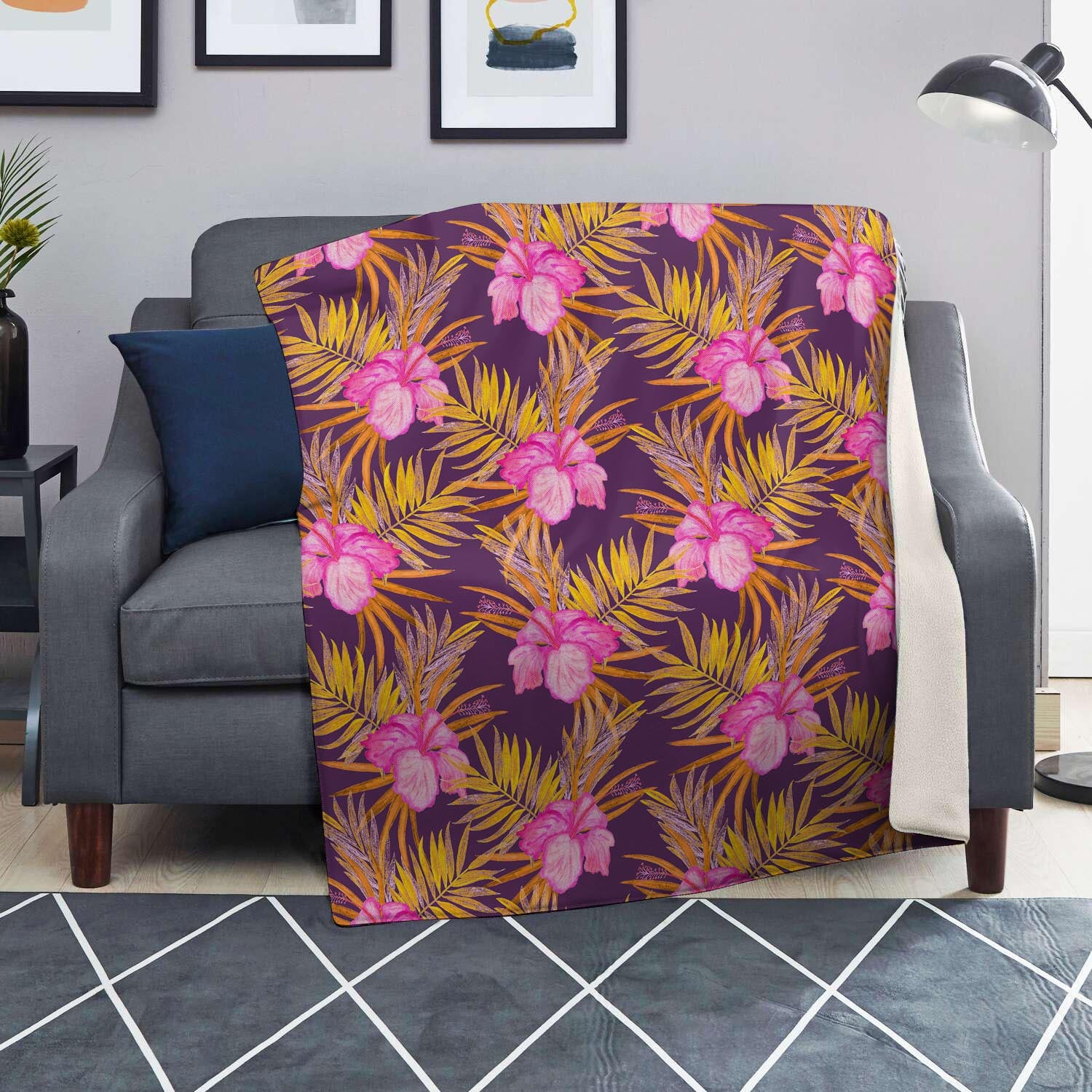 Watercolor Hibiscus Flower Hawaiian Print Blanket-grizzshop